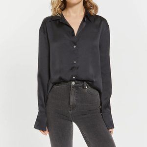LONG SLEEVE BLACK SATIN BUTTON UP SHIRT